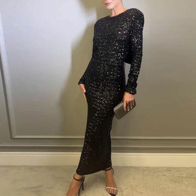 Sexy Backless Lace-up Maxi Dress Shiny Sequins Elegant Evening Gown Bow Shoulder Pads Long Dress Back Split Slim Banquet Evening Dress