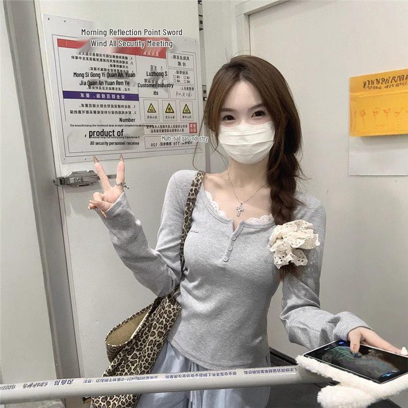 

Женская осенняя футболка с длинными рукавами, облегающего кроя, с полуворотником, отделанным кружевом L