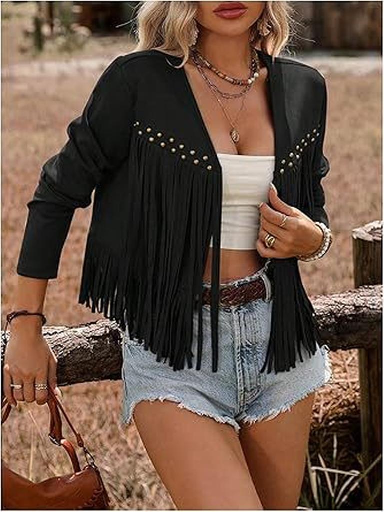 New Women's Faux Suede Fringe Trim Long Sleeve Open Front Cardigan Western Music Festival Outfit