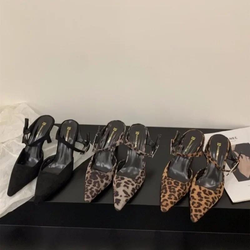 Women's Single Shoes Summer and Autumn Sexy Leopard Pattern Pointed Thin Heel Open Heel High Heel Wrapped Sandals for Women 2025