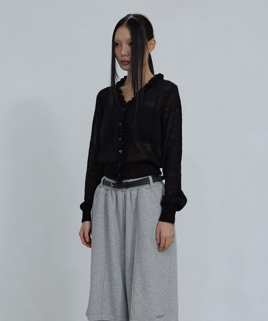 Uusoo Kid Mohair Lace V-Neck Cardigan_ Black