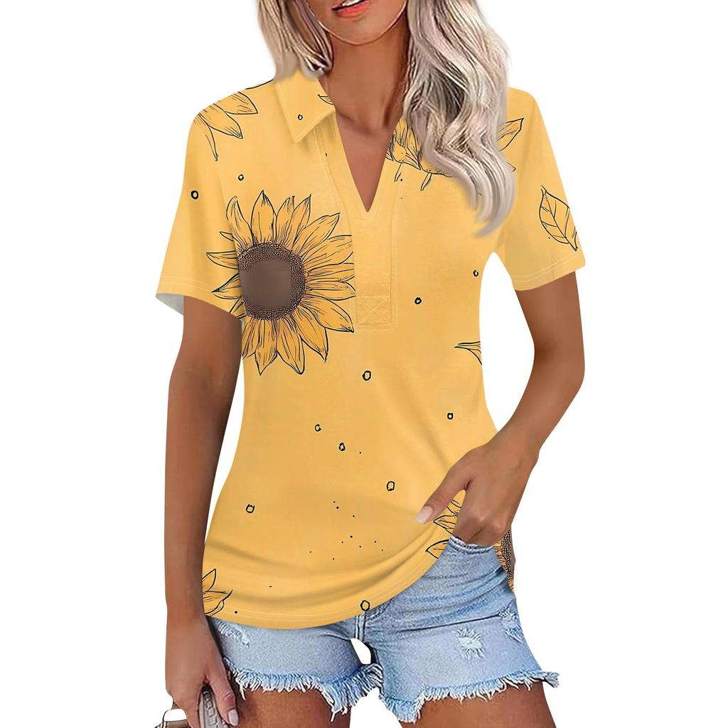 Moda Donna Casual Risvolto Manica Corta Stampa Camicia Top da Donna con Scollo a V