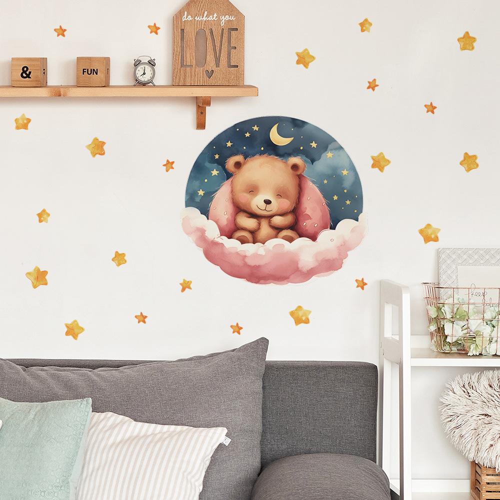 Tecknad Godnattbjörn Stjärnor Väggdekal Självhäftande för Barnrum Sovrum Hem Bakgrundsdekoration