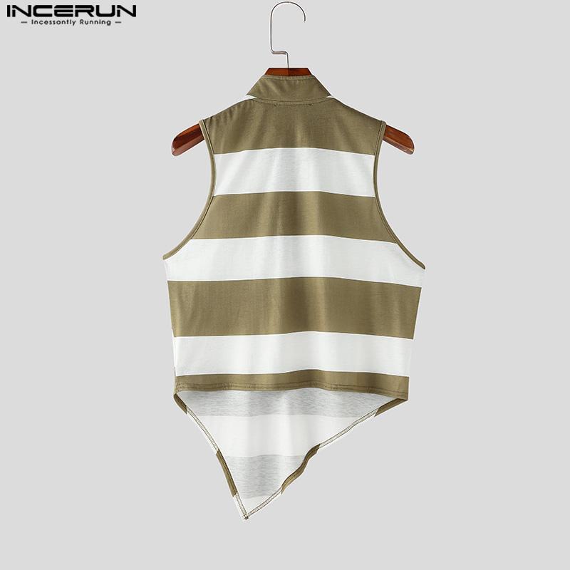 INCERUN Men Zip-up High Neck Sleeveless Striped Irregular Casual Crop Tank Tops