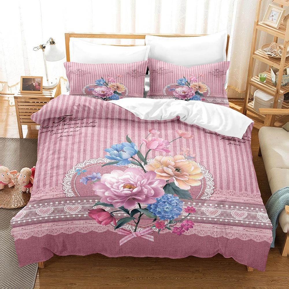 Vintage Court Print Bettbezug, Digitaldruck Blume Feder Dreiteiliges Set