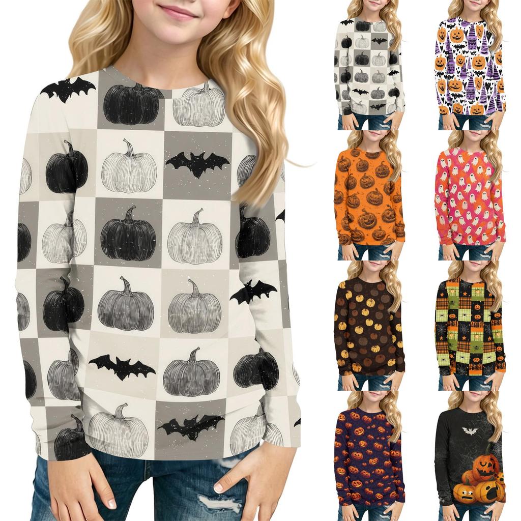 Kids Long Sleeve T-Shirt with Halloween Print, Round Neck, for Boys and Girls