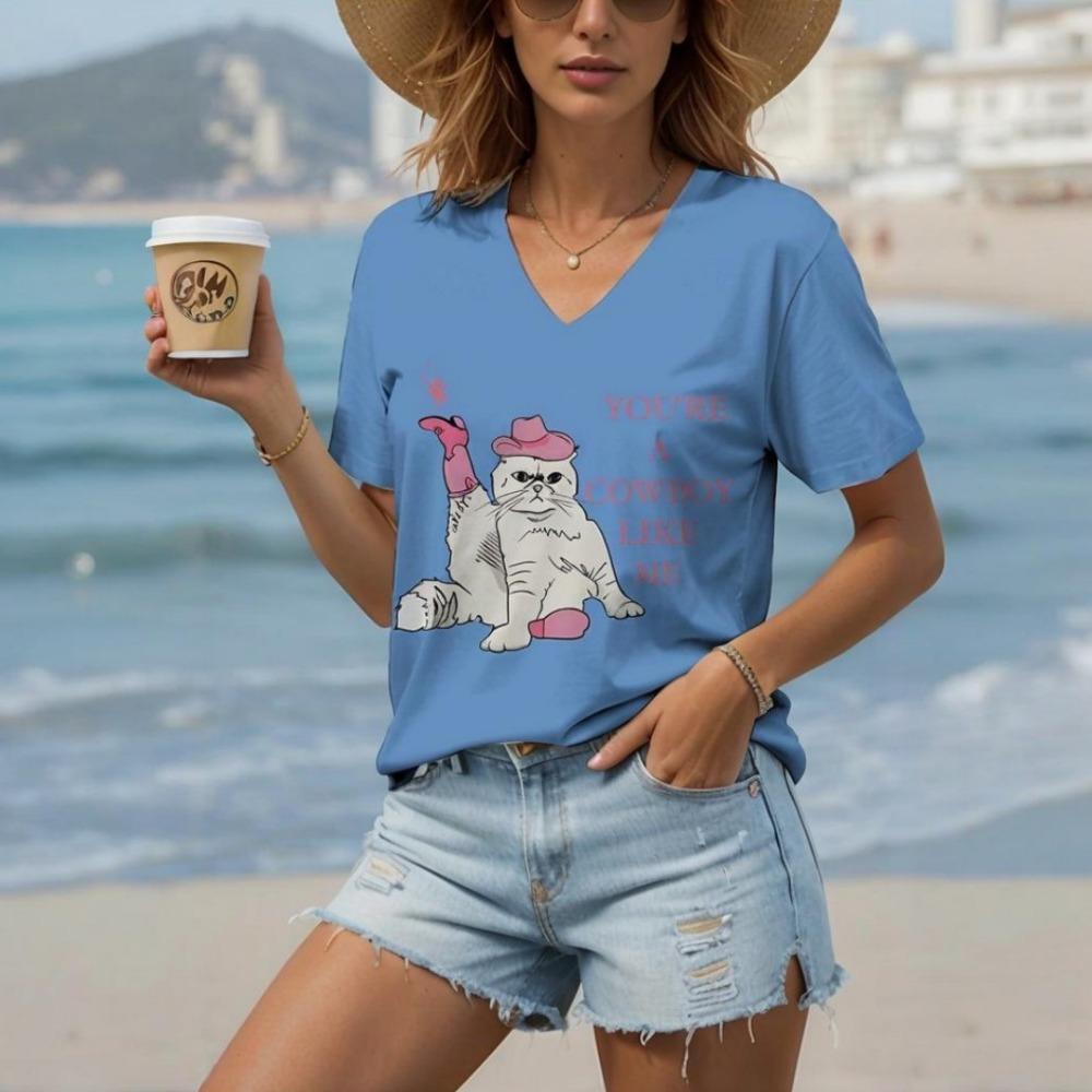 

Мультяшная женская футболка с V-образным вырезом, с животным принтом кошки, в стиле ретро, классические топы с коротким рукавом, одежда для женщин больших размеров XL