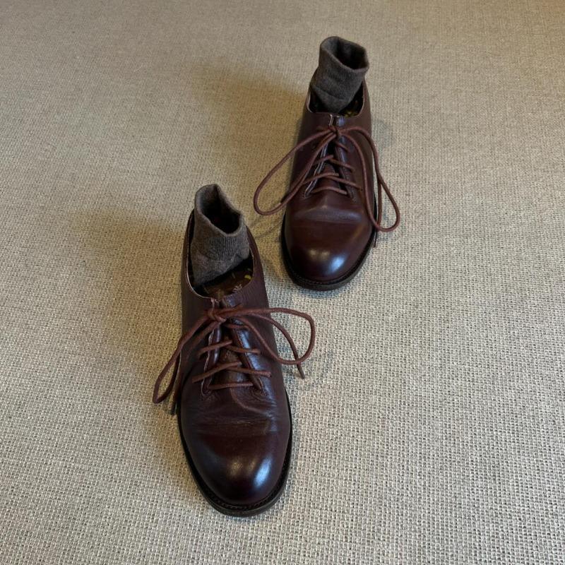 Sheepskin Version~ Retro Brown Lace-up Small Leather Shoes Women's Round Head Polishing Low Heel Comfortable Commuter Shoes Genuine Leather