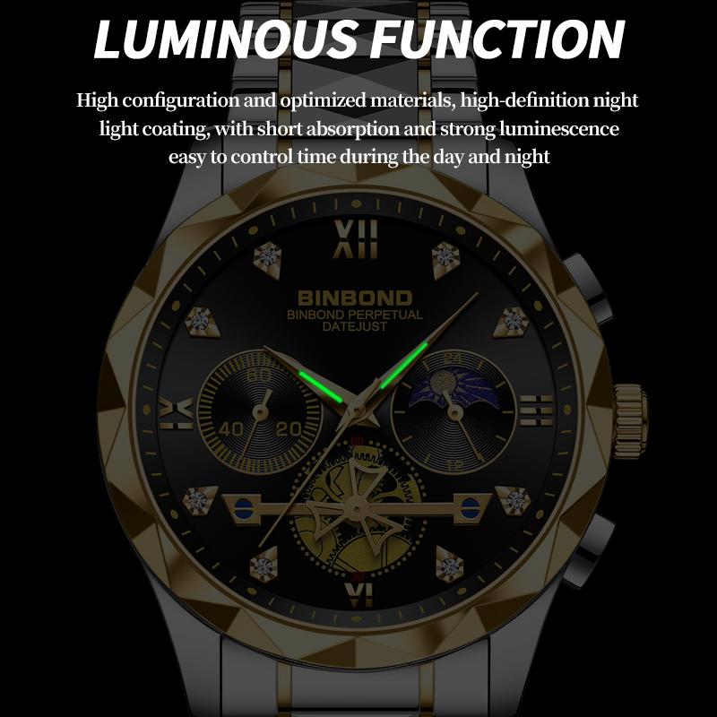 Binbond Latest Luxury Top Brand Men'S Watch Waterproof Luminous Timer Automatic Date Stainless Steel Man Quartz Movement Watch +Box