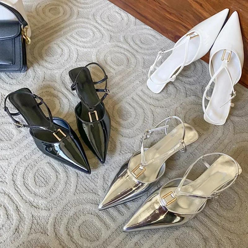 Fashion Elegant Ankle Strap Buckle Low Heel Mules Sandals Women Sexy Pointed Toe Patent Leather Women Pumps Summer Slingback High Heels