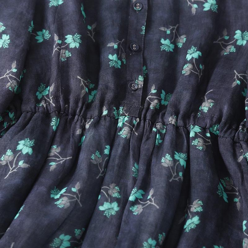 Abito da donna con scollo a V, cotone e lino, manica a cinque quarti, allacciatura, estivo 2024, retro, dimagrante in vita, lungo