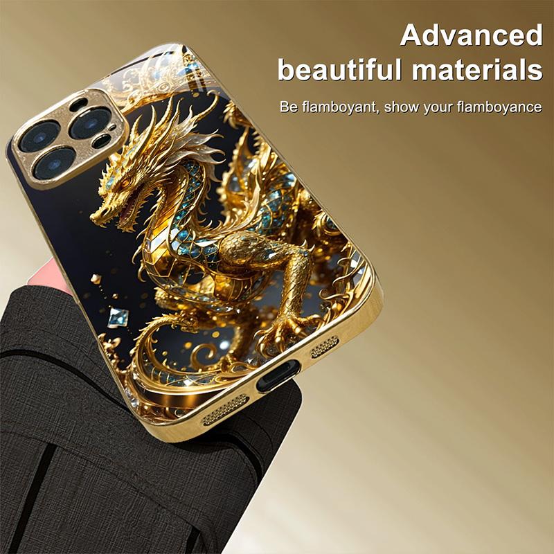 Coole goldene Drachenmuster Gold-Metallic-Lack Glas-Handyhülle Für iPhone 11 12 13 14 15 16 17 Pro Max 14 Plus 17Air 16E Hülle