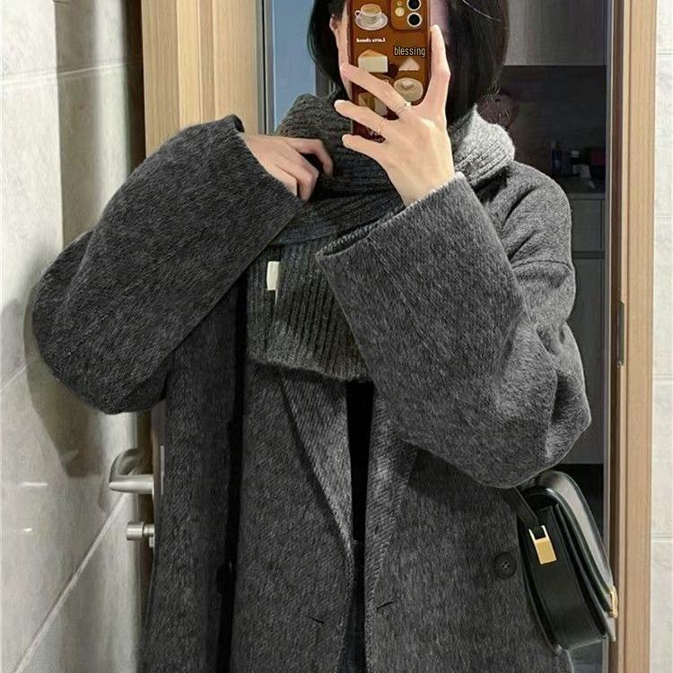 Petite Women's Korean-Style Fleece-Lined Gray Wool Coat for Fall/Winter