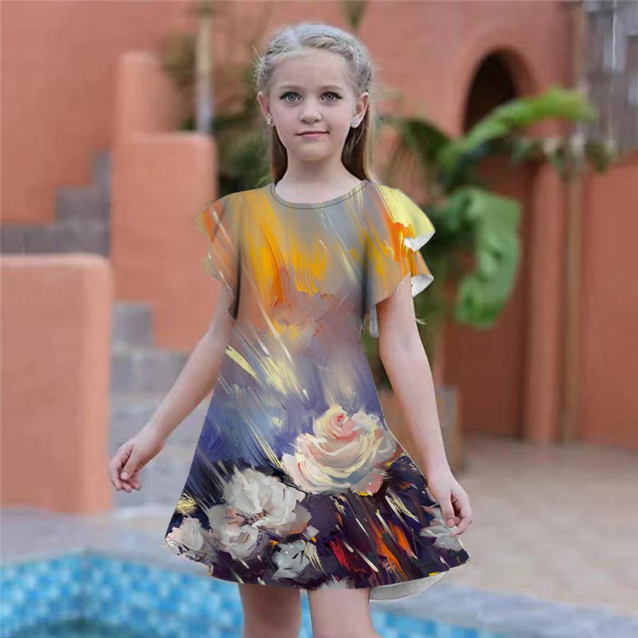 Girls Green Graffiti Rose Print Dresses Kids Girl Party Dress Loose Fitting Loose Fitting Short Sleeved Skirt For Girls Over Four Years Old