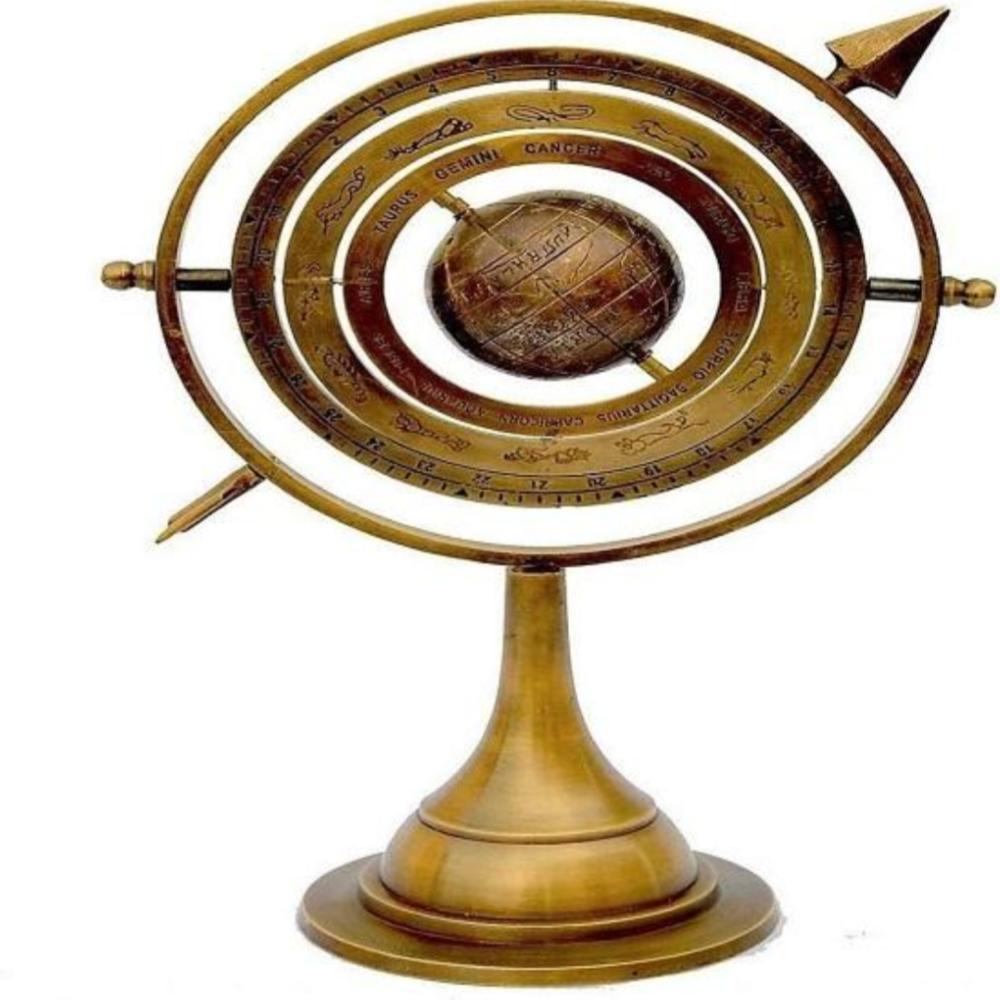 Antique Brass Armillary Sphere with Sundial Arrow – 25 Cm Nautical Maritime Astrolabe Globe – Engraved Brass Decorative Home Decor