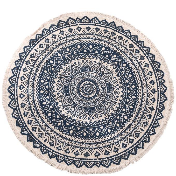 Nordic Cotton and Linen Home Leisure Non-slip Fringed Printed Round Carpet Living Room Floor Mat Bedroom Bedside Blanket