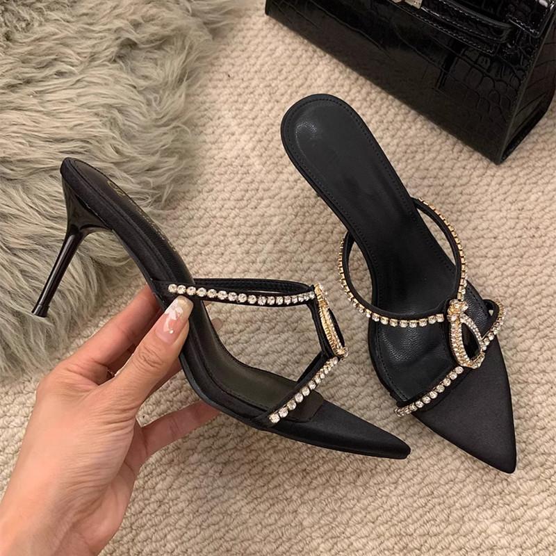 Fashion Luxury Rhinestones Gem Women Slippers Sandals Elegant Pointed toe Stiletto High heels Mules Slides Fashion Summer Party Shoes