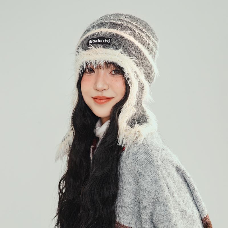 Contrast Color Neck Plush Hat Women's Autumn and Winter Warm Ear Protection Knitted Hat Big Head Circumference Fashionable and Cute Headgear