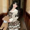 Mocha Sweetheart Faux Fur Knit Sweater & Lace Plaid Skirt Set