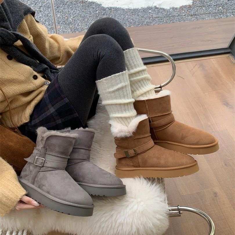 Low Tube Thick Bottom Leather Buckle Knight Boots Sangpo Sheepskin Fur Integrated Thickened Warm Snow Boots Women