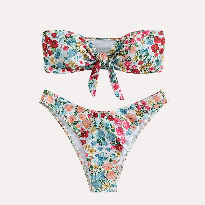 Floral Print Bandeau Bikini Set Off Shoulder Push Up Swimsuit Women Tube Top Bikinis Knot Swimwear Sexy Summer Bathing Suit