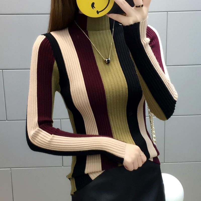 Autumn Winter New Half High Neck Sweater Women's Colored Long Sleeved Pullover Patchwork Screw Thread Versatile Stripe Knit Top