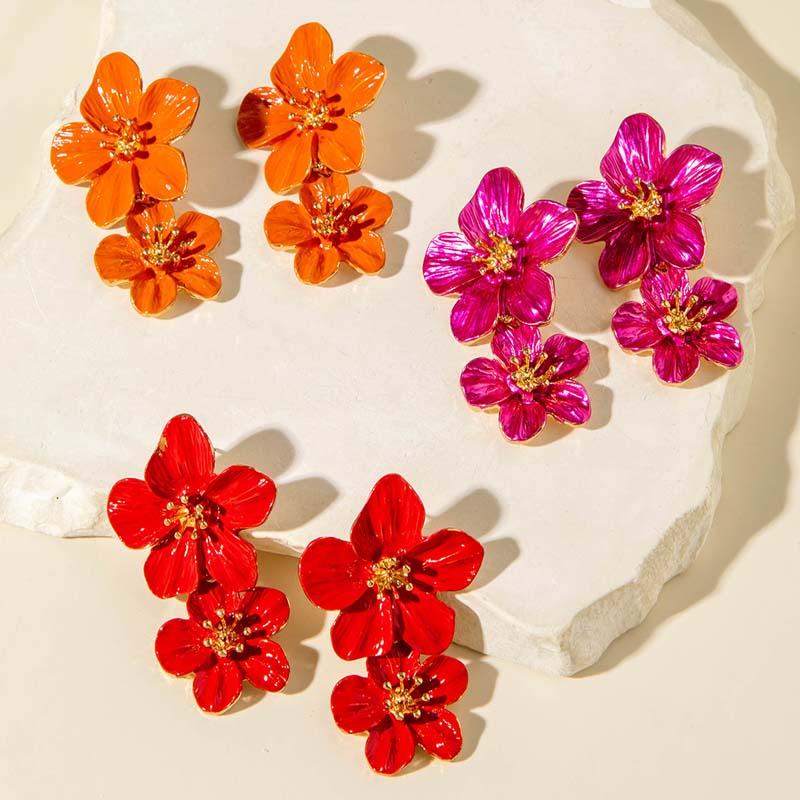 Bohemian Colorful Drip Oil Flower Pendant Earrings for Women Exaggerated Metal Long Double Flower Tassel Earrings Jewelry Gifts