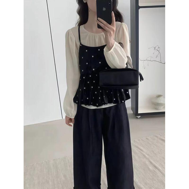 Kumikumi Sweet Set French Style Polka Dot Brace Vest Women's Autumn Loose round Neck Long Sleeves Shirt Two-piece Set