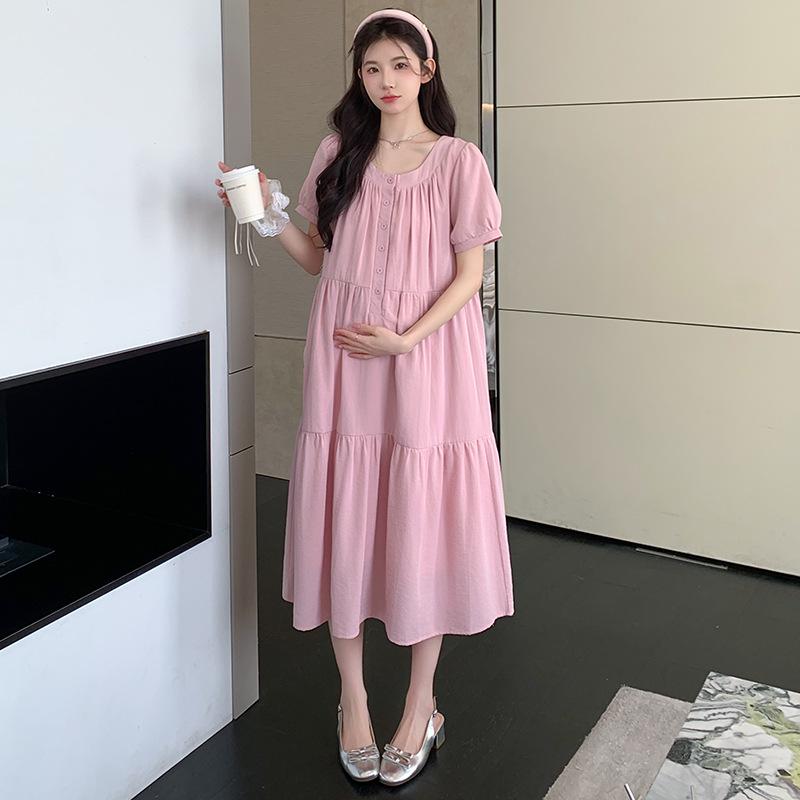 2026 Korean Style Summer Maternity Dress - Round Neck, Short Sleeve M