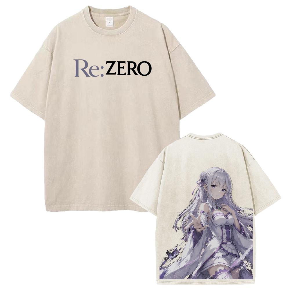 Emilia Re:ZERO Anime T-shirt Harajuku Vintage Washed Oversized T Shirt Men Women Clothing Short Sleeve 100% Cotton Tees Tops