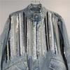 Womens Oversized Distressed Denim Jacket With Sequins Loose Fit Streetwear Long Sleeve Stand Collar