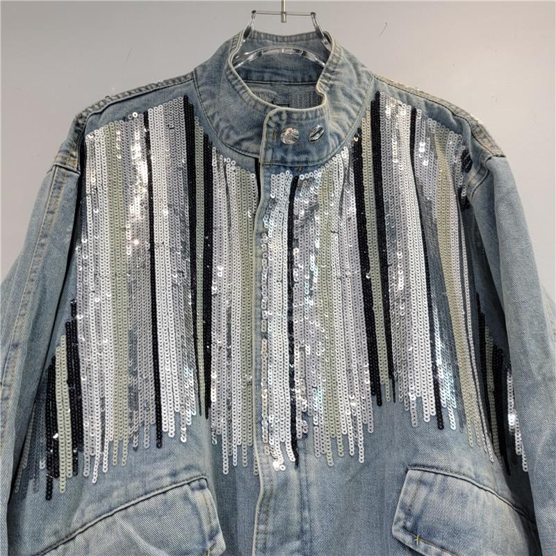 Womens Oversized Distressed Denim Jacket With Sequins Loose Fit Streetwear Long Sleeve Stand Collar