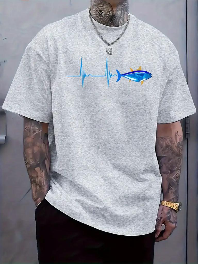 Fish Heartbeat Graphic Print T-shirt - Light Grey Casual Short Sleeve Round Neck Tee