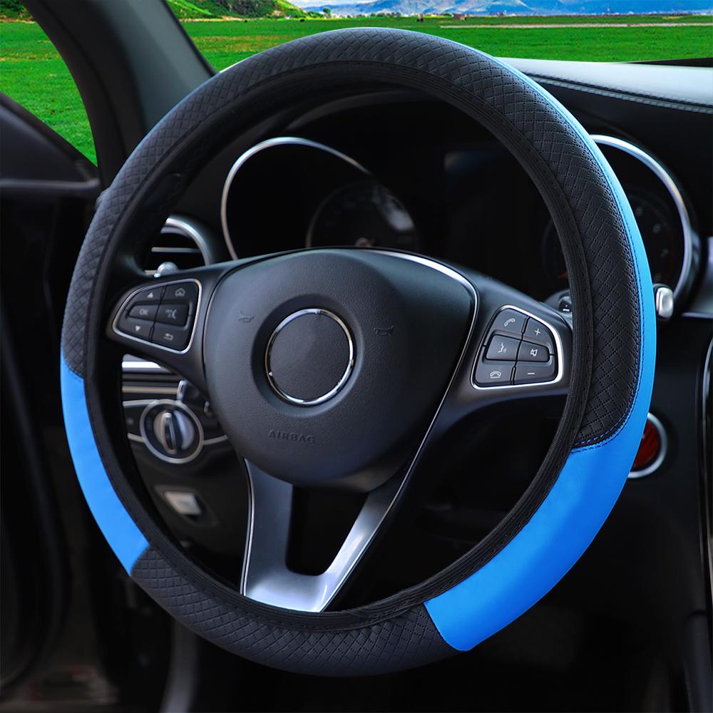 A PU leather plaid emboweled ultra-thin stretch car steering wheel cover without inner rim fits 14.5- to 15-inch car interiors