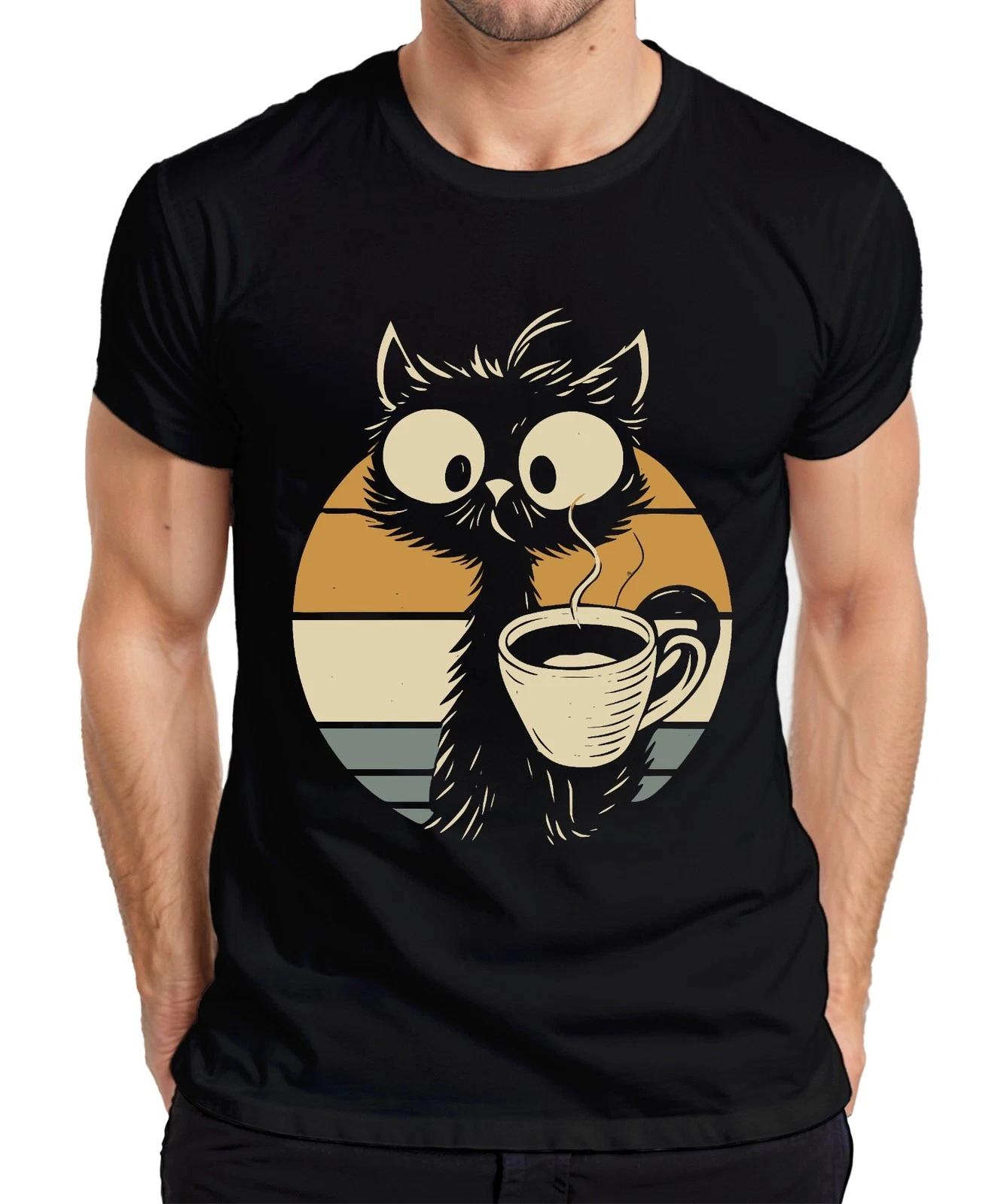 Katze mit Kaffee Kaffeetasse Niedliche Retro Sonnenuntergang Herren T-Shirt M