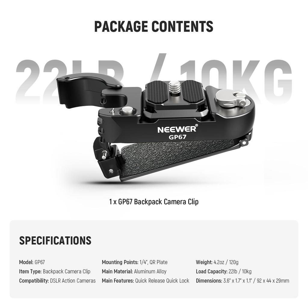 NEEWER GP67 Backpack Camera Clip Mount Square QR Quick Release Belt Strap Clamp Compatible Peak Design PD System DSLR Black
