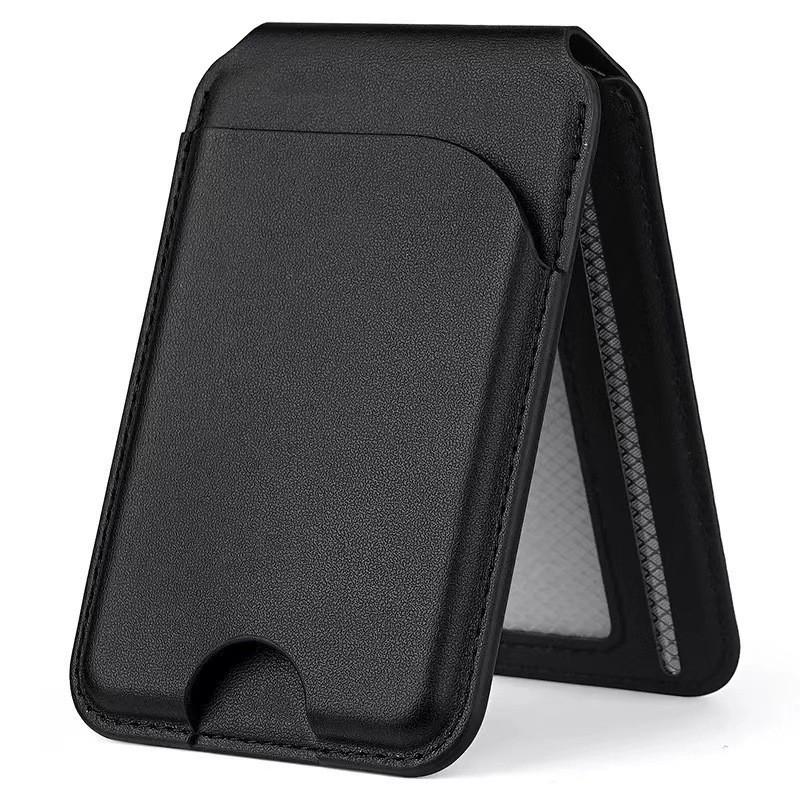 European Fashion Magnetic MagSafe Card Holder: Eco-Friendly PU Leather Folding Stand with Metal Hinge.