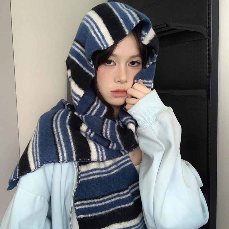 Falling Pool Women's Retro Striped Knit Scarf - Fluffy, High-End, Soft Neck Warmer for Autumn/Winter