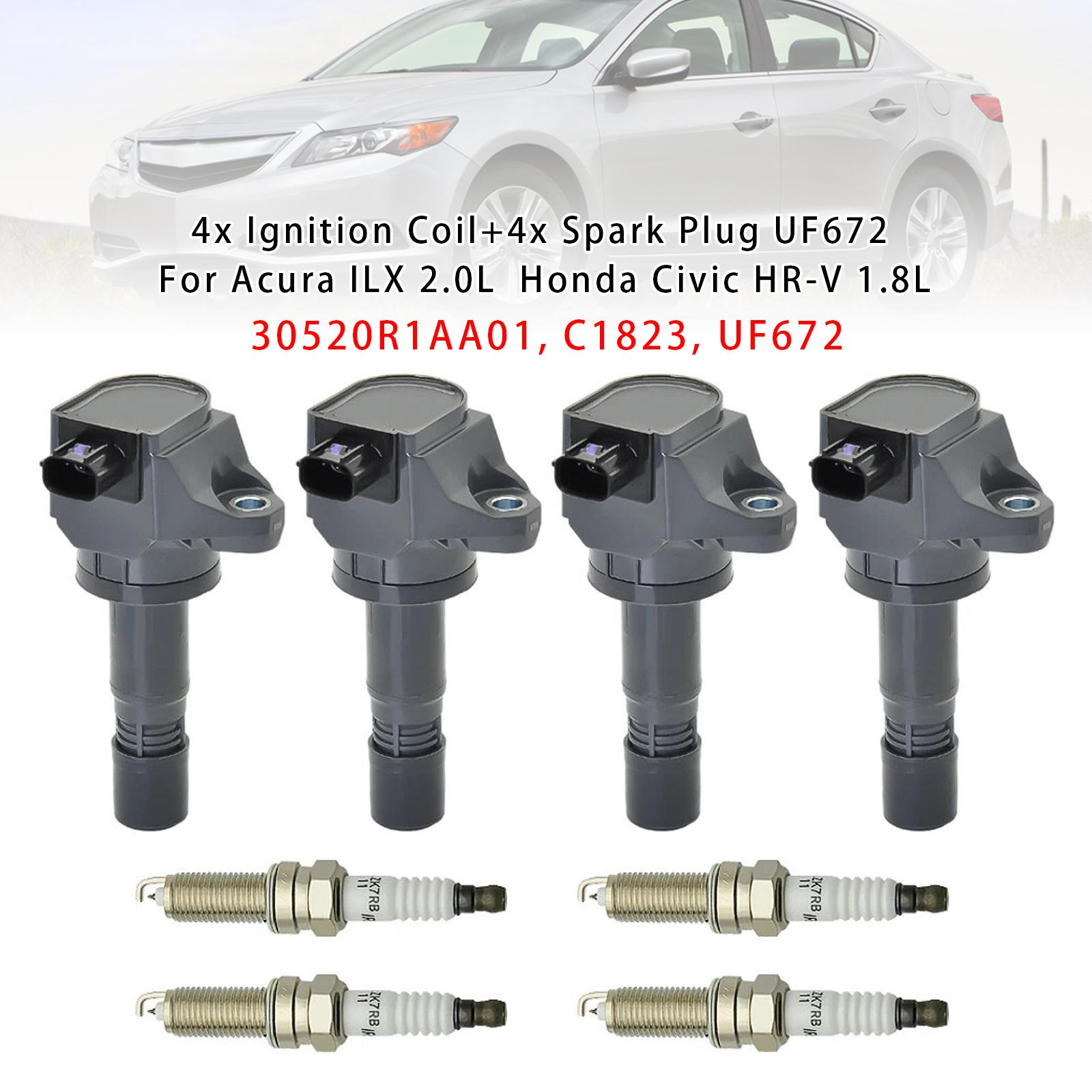 

4x Ignition Coil+4x Spark Plug UF672 For Acura ILX 2.0L Honda Civic HR-V 1.8L