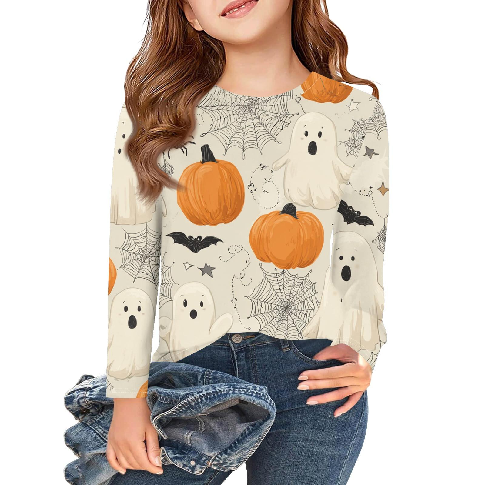 

Футболки с длинным рукавом для девочек, детские осенние топы, круглый вырез, с принтом на Хэллоуин, базовые футболки 3-9 лет 150 шафрановый