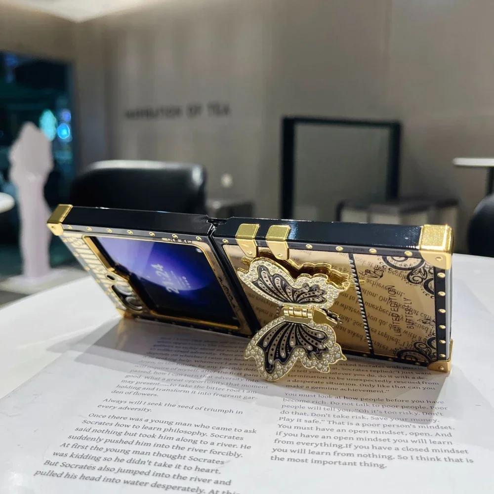 Cute Square Phone Case for Samsung Galaxy Z Flip 6 5 4 3 Flip6 Flip5 Flip4 Flip3 5G Luxury Bling Glitter Butterfly Stand Cover