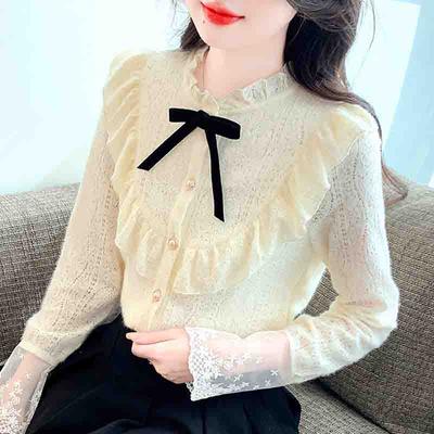 Winter Fashion New 2024 Long Sleeve Bow Ruffled Collar Ruffles Apricot Velvet Lace Blouse Shirt Women Tops Blouses Shirts J795