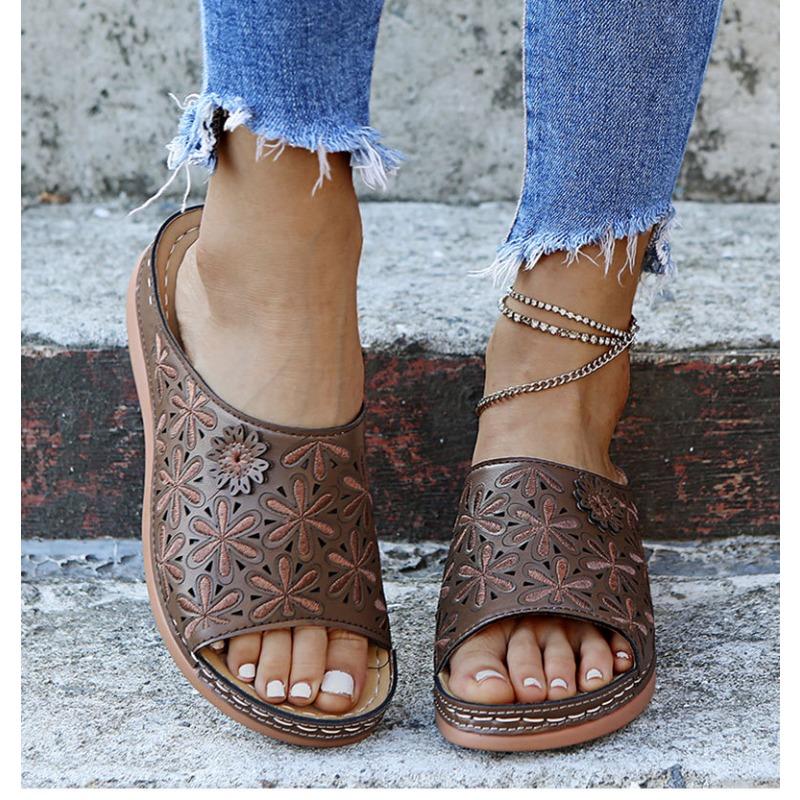 

Round head retro flower women s slippers engraved one-character wedge heel large size sandals breathable 43 хакі