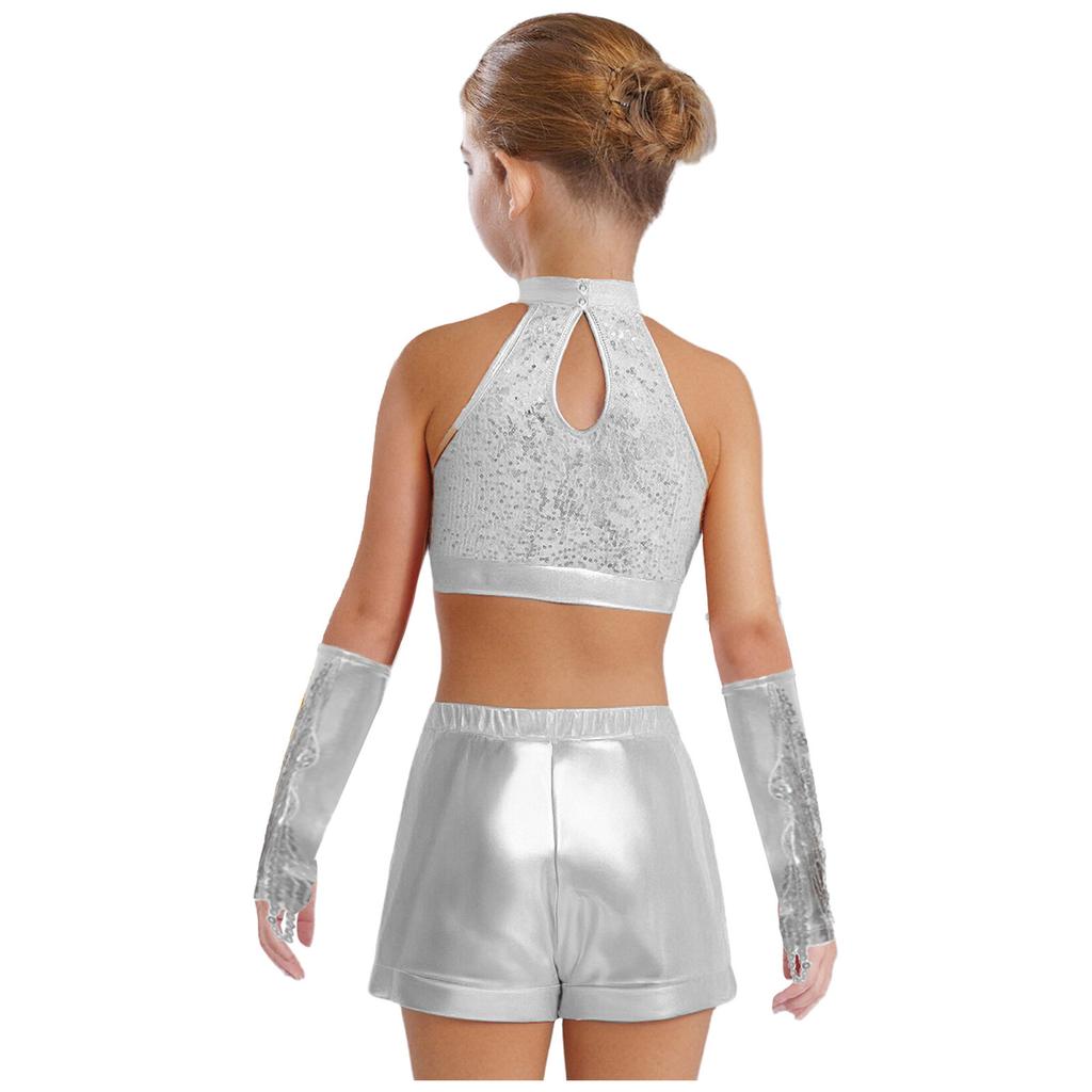 Mädchen Ärmelloses Glitzerndes Pailletten Tanz Crop Top Schlüsselloch Rücken Design Passende Shorts Quasten Metallic Handschuhe Set