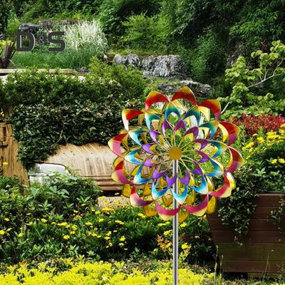 Moulin à vent à fleurs colorées avec piquet, résistant aux intempéries, pour jardin, pelouse, extérieur, moulin à vent rotatif en métal, décoration sur piquet