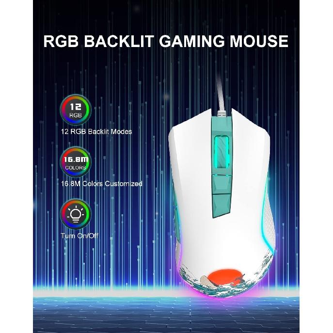 XVX Wired Gaming Mouse RGB Backlit PC Gaming Mouse with Adjustable 12000DPI/7 Programmable Buttons Coral Sea Computer USB