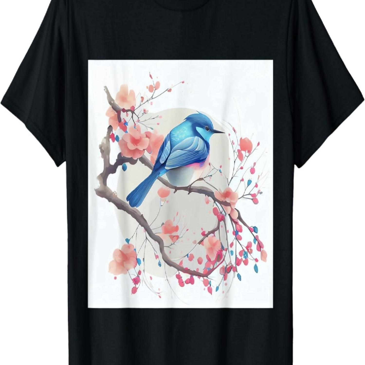 Eastern Blue Bird on  Pink Cherry Blossom Branch T-Shirt S чёрный