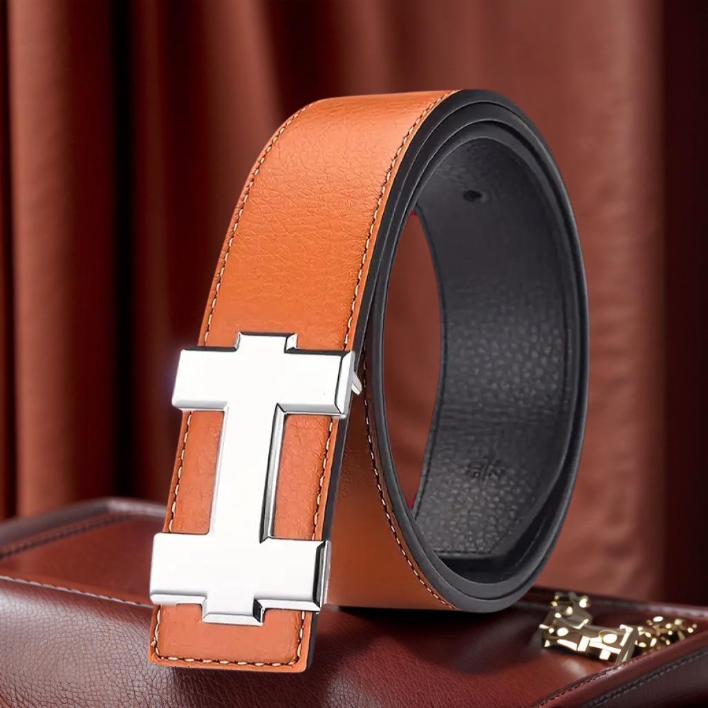 Unisex Korean H Buckle Genuine Leather Belt with Lychee Grain Design