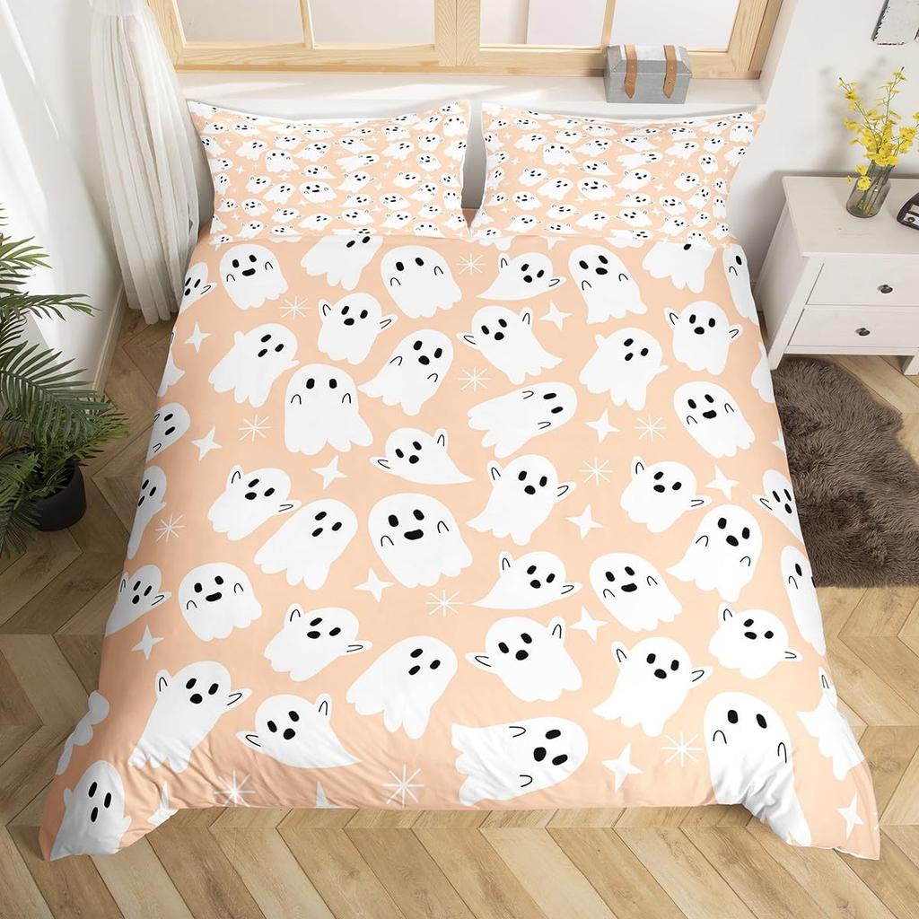 Ghost Duvet Cover Queen King Size Cartoon Cute Ghost Decorative Bedding Set for Kids Girls Teens Happy Halloween 3 Piece Set