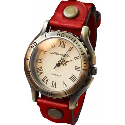 Armbanduhr für Damen und Herren, Echtlederband, wasserdicht, Antik-Stil, Metallallergie-kompatibel, Rot